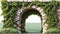 Cut out stone arch covered with ivy. Entrance gate isolated on white background. Stone archway for landscaping or garden design.
