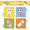 Cut and play. Flash cards. Color puzzle. Tooth, toothpaste, fairy. Education developing worksheet. Activity page. Game for