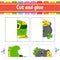 Cut and play. Paper game with glue. Flash cards. Education worksheet. Boot, pot. St. Patrick`s day. Activity page. Funny characte