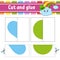 Cut and play. Paper game with glue. Flash cards. Education worksheet. Rainbow, circle, heart. Activity page. Funny character.