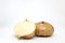 Cut sliced and whole fresh raw jicama, mexican turnip, yam bean, Pachyrhizus erosus or singkamas isolated in white background.