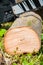 cut thick tree trunk. Wood texture. Chainsaw cuts wood.