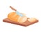 Cut wheat bread, isometric cutlery knife cutting on wooden chef board loaf of bread