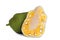 Cut and whole delicious fresh exotic jackfruits on white background