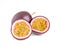 Cut and whole passion fruits on white background