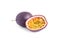 Cut and whole passion fruits on white background