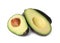 Cut and whole ripe avocadoes on white background