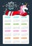 Cute 2021 year vertical calendar with unicorn, scarf and stars on black background. Lettering