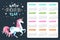 Cute 2022 year calendar with running unicorn and stars on black background