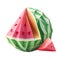 cute 3d icon red Watermelon and juicy slices, green leaves Summer food concept low poly illustration on Isolated Transparent png