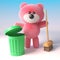 Cute 3d pink fluffy teddy bear character cleaning with a broom and green recycle bin, 3d illustration