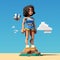Cute 3d Pixel Cartoon Girl Playing Volleyball On Beach