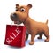 Cute 3d puppy dog character carrying a sale shopping bag in his mouth, 3d illustration