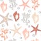Cute abstract modern seamless vector pattern background illustration with pastel seashells, starfishes and corals