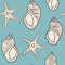 Cute abstract modern seamless vector pattern illustration with seashells and starfishes on blue background