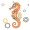 Cute abstract sea horse with gear wheels, metal detail. Mechanical seahorse. Steampunk style. Cartoon design