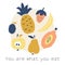 Cute abstract seamless background with fruits collage, cut paper pieces immitation, trendy minimal graphic design style