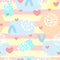 Cute abstract seamless pattern with hearts, brush strokes and geometric shapes.