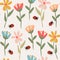 Cute abstract simple seamless vector pattern background illustration with colorful flowers and red ladybug insects