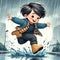 A cute and adorable anime boy in rain boots jumping into puddles, with glee during a rainy day, cartoon style