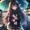 A cute and adorable anime girl standing in a roadside holding an umbrella, a rainning night, lights, anime style, wallpaper