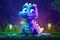 a cute adorable baby alligator character stands in nature by night with neon violet yellow light in the style of children-friendly