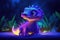 a cute adorable baby alligator character stands in nature by night with neon violet yellow light in the style of children-friendly