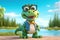 a cute adorable baby alligator with glasses character stands in nature in the style of children-friendly cartoon animation fantasy
