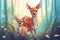 cute adorable baby deer with mother deer in nature rendered in the style of fantasy cartoon animation style intended for children