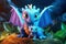 cute adorable baby dragon with mother dragon in nature by night with light rendered in the style of fantasy cartoon animation