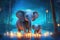 cute adorable baby elephant with mother elephant in night with light in nature rendered in the style of fantasy cartoon animation
