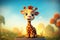 a cute adorable baby giraffe stands in nature in the style of children-friendly cartoon animation fantasy 3D style Illustration