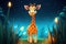 a cute adorable baby giraffe stands by night with blue light in nature in the style of children-friendly cartoon animation fantasy