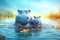 cute adorable baby hippo with mother hippo resting in river on a sunny day rendered in the style of fantasy cartoon animation