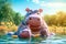 cute adorable baby hippo with mother hippo resting in river on a sunny day rendered in the style of fantasy cartoon animation