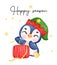 Cute adorable baby joyful penguin in Christmas wreath cartoon character watercolor hand drawing