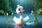 a cute adorable baby swan character stands in nature in the style of children-friendly cartoon animation fantasy 3D style