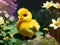 Cute and adorable baby yellow chicken in colorful flowers. Generative AI