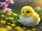 Cute and adorable baby yellow chicken in colorful flowers. Generative AI