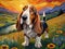 A cute and adorable basset hound dog, in a whimsical valley, with river, sunset, painting art of Van Gogh, beautiful, cartoon