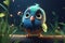 a cute adorable bird sparrow character stands in nature in the style of children-friendly cartoon animation fantasy created by AI