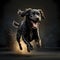 Cute adorable black dog running on dark background, generative ai