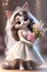 A cute and adorable cat in beautiful wedding dress with flower, cartoon character, 8k, printable, animal creatures