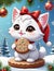 A cute and adorable chibi kitten carrying a cookies on its hands, christmas tree with snow capped and the ornaments, snow, cartoon