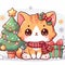 A cute and adorable chibi kitten in christmas scene with beautiful christmas tree the the gifts, snowflakes, white background