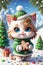A cute and adorable chibi kitten in fashionable style, holding a christmas cookie, snow, christmas tree and gifts, cartoon, animal