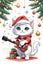 A cute and adorable chibi kitten playing guitar, fashionable, santa hat, christmas tree, white background, cartoon style