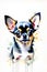 A cute and adorable chihuahua dog, in a charmingly vibrant watercolor painting, againts serene white background, animal art