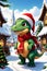 A cute and adorable dinosaur in holiday costums, in a snowy christmas village, cartoon, digital anime art, fantasy