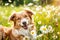 Cute adorable dog enjoying summer meadow with daisy flowers